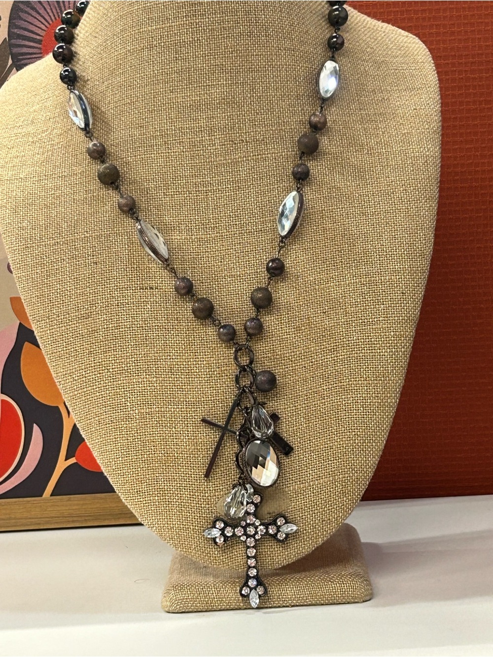 VCLM vintage antiqued cross and crystal necklace